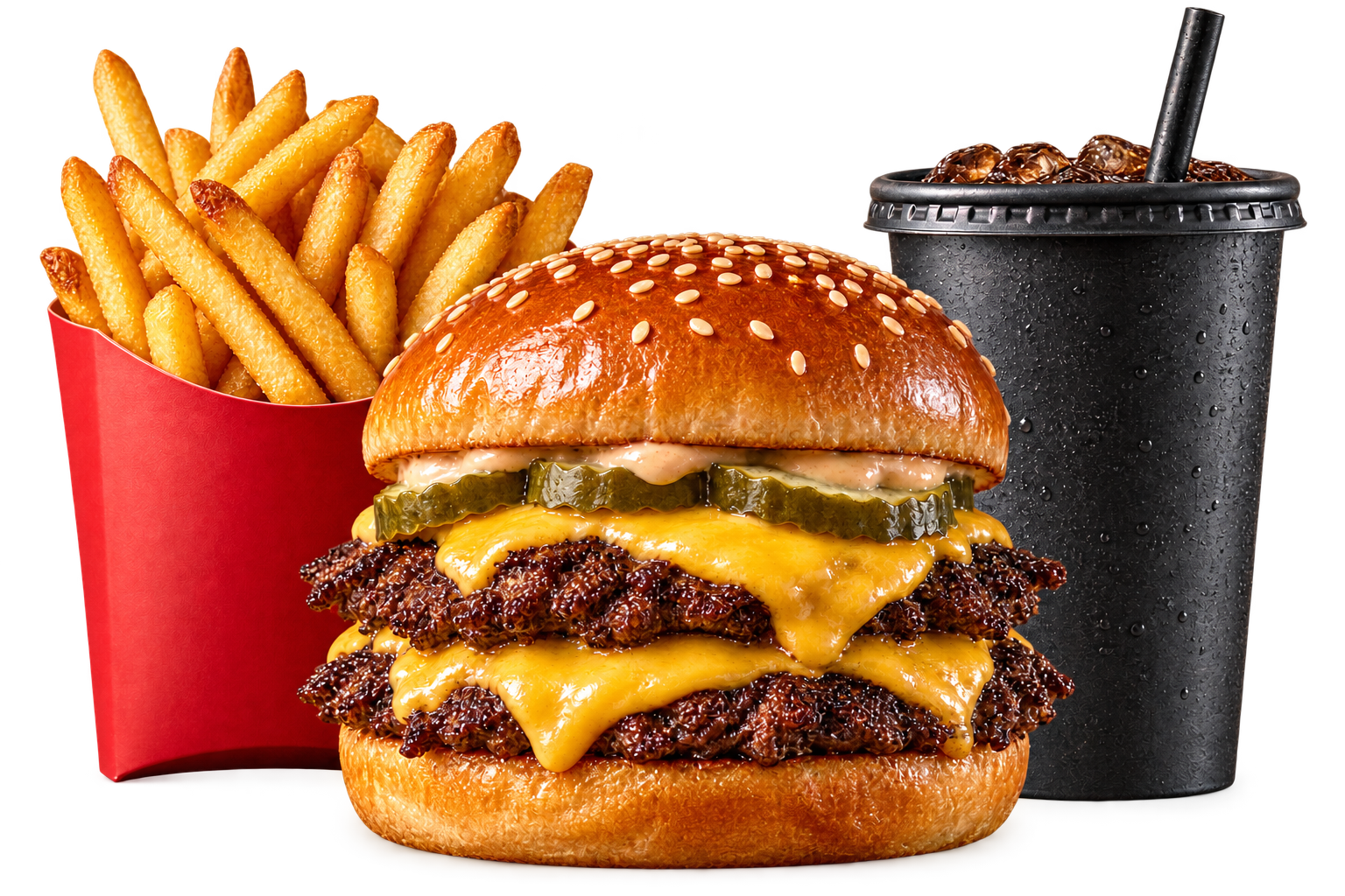 Double smash burger with seasoned fries and a cold drink